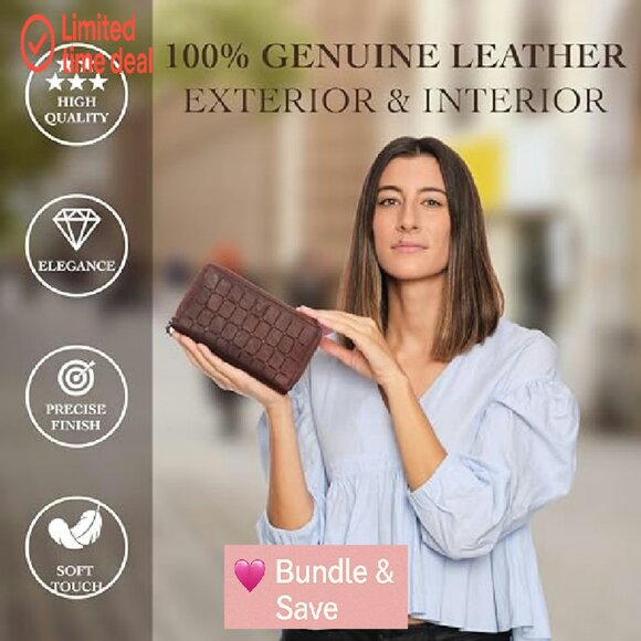 Genuine Leather RFID Wallet Women Multiple Compartments Handcrafted - Picture 4 of 7